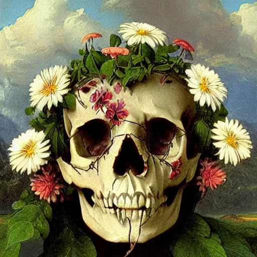 Prompt: a painting by Thomas Cole of a skull with flowers growing out, highly detailed 3d rendering from 1996