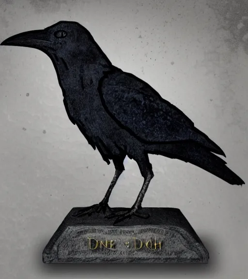 Prompt: raven standing on a large tombstone relic with glowing sigils on it, midnight death fog colors!