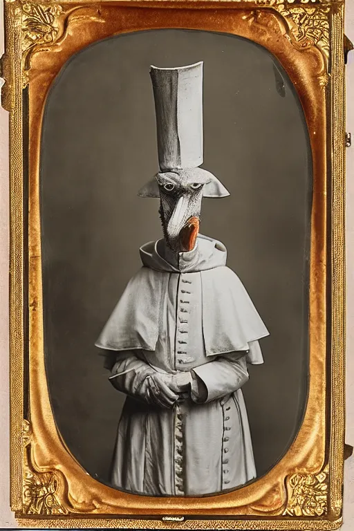 Prompt: a wet plate photo of an anthropomorphic ostrich dressed as pope