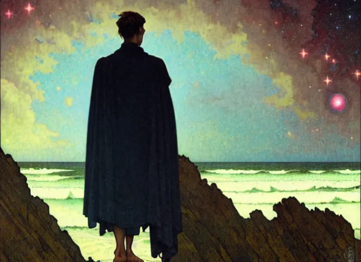 Image similar to dark silhuette of a man standing on a gray dull cliff looking out into a colorful cosmos, clouds, stars, rings, beautiful lighting, vivid colors, intricate, elegant, art by john collier and albert aublet and krenz cushart and artem demura and alphonse mucha