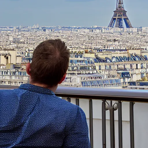 Prompt: Man on balcony looking over Paris with Eiffel Tower in background, 8k, detailed, full of colour, cinematic lighting, cinematic, masterpiece