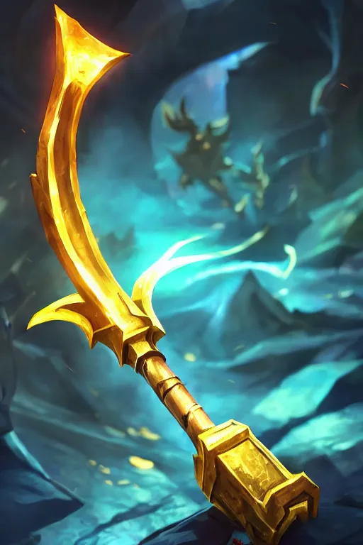 Prompt: a magical golden weapon, d & d, league of legends, concept art, blue background, dramatic lighting. realistic, epic legends, game icon, global illumination, ian pesty