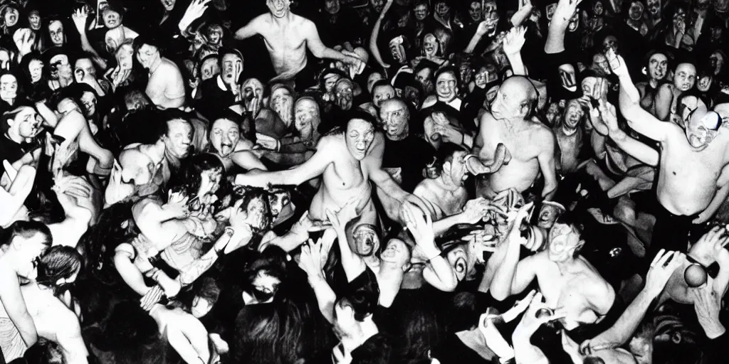 Prompt: photography of picasso and dalí in a mosh pit at a rock concert, by Philippe Halsman