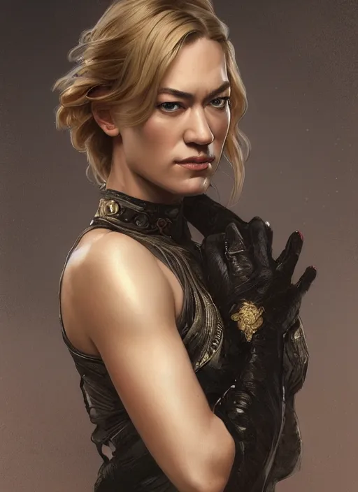 Image similar to beautiful portrait of yvonne strahovski, by magali villeneuve and greg rutkowski and artgerm and alphonse mucha, intricate, elegant, highly detailed, photorealistic, trending on artstation, trending on cgsociety, 8 k, sharp focus