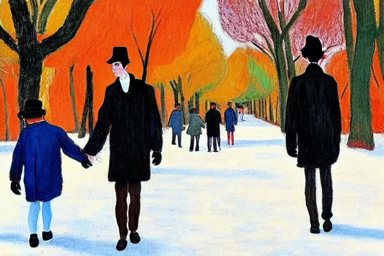 Image similar to a very tall man named John with dark hair holding the hands of a short young boy named Alex with dark hair as they walk in a park on a bright beautiful colorful winter day. part in the style of an edgar degas painting. part in the style of david hockney