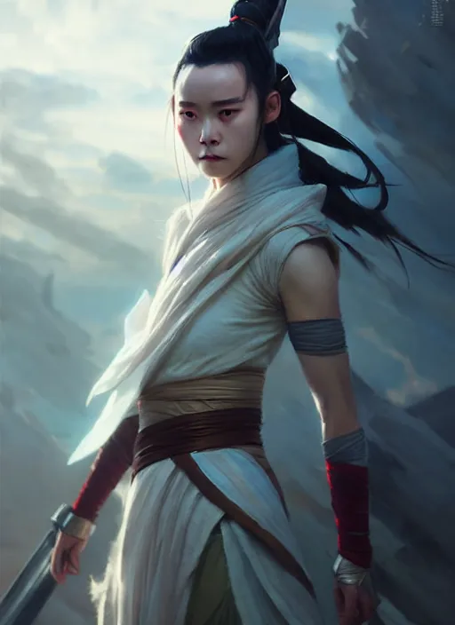 Prompt: female cosplayer wearing costume that is a mix of lan wangji from the untamed and rey skywalker. art by greg rutkowski, art by pascal blanche. crisp quality. digital photography. trending in deviantart.