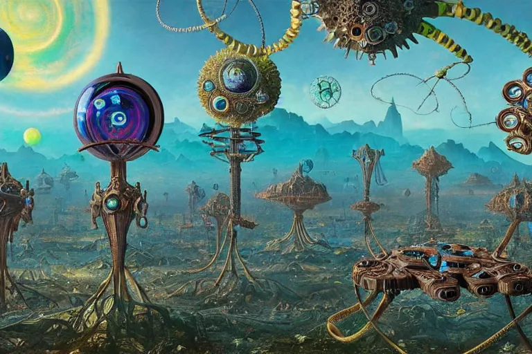 Image similar to a surreal and awe - inspiring science fiction planet overrun with fidget spinners, intricate, ornate, highly detailed fidget spinners, matte painting by ernst haeckel and simon stalenhag