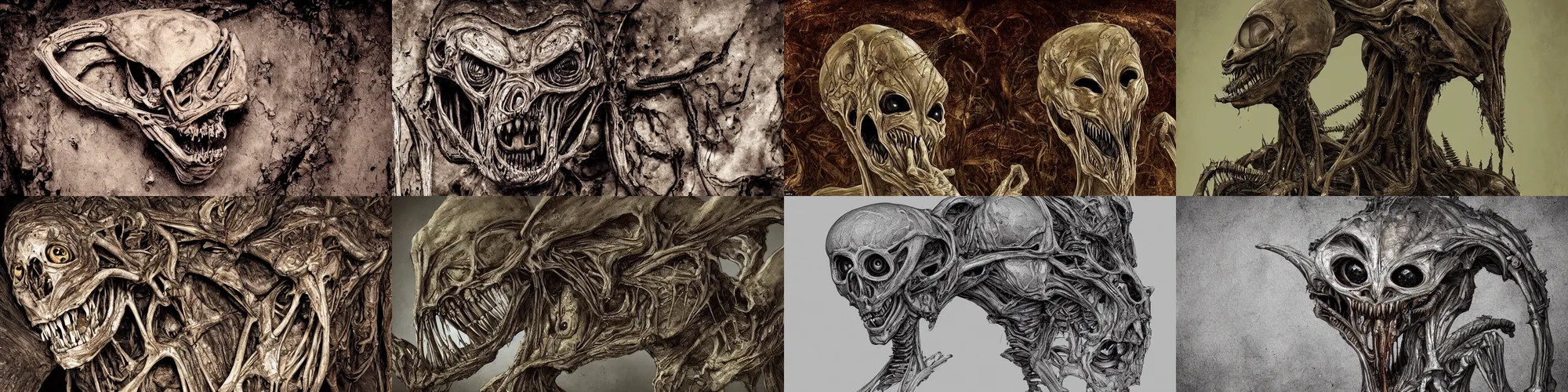 Prompt: horror alien, highly detail, organic creature, internal bone structure, deteriorated, abandoned, intricate