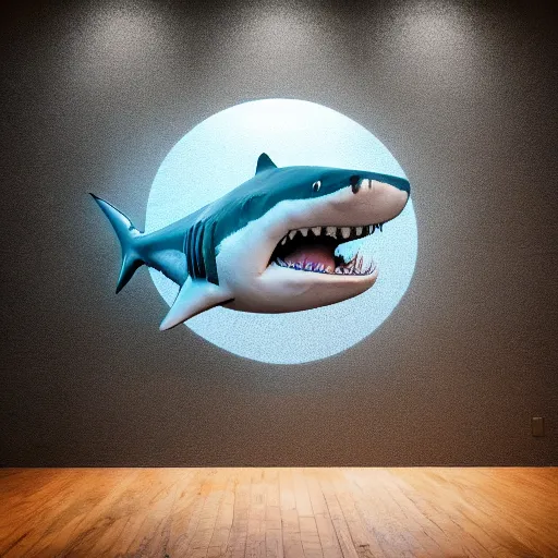 Prompt: giant shark smiling, trending on artstation, dark atmospheric lighting rear view sacred geometry, 8 k