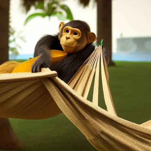 Image similar to digital art of a monkey laying in a hammock eating a banana, octane render, 8 k render, saturated, dynamic lighting