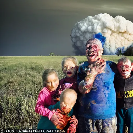 Prompt: selfie of the last surviving ukrainian with children with evil faces, wild pain and damage to the body burns alive to the bone, painted in dirty yellow - blue colors, a huge nuclear explosion is approaching in the background, a very detailed photo