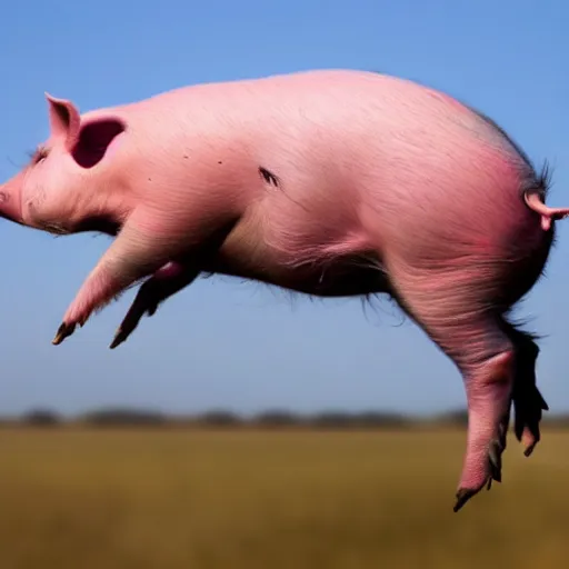 Prompt: photo of a pig with wings, soaring through the sky like a pink hawk, professional bird photography