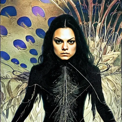 Image similar to mila kunis as the dark swan queen, black feathers instead of hair, feathers growing out of skin, black bodysuit, disney villain, dark fae, moulting, suspended in zero gravity, on spaceship with cables hanging down, highly detailed, mike mignogna, ron cobb, mucha, oil painting