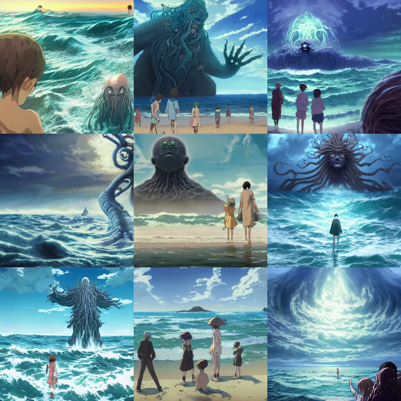 Prompt: Shot of beachgoers fleeing in terror as an eldritch sea god emerges from the ocean, H.P. Lovecraft, horror, highly detailed, artstation, concept art, official Kyoto Animation and Studio Ghibli anime screenshot, by Makoto Shinkai and Range Murata