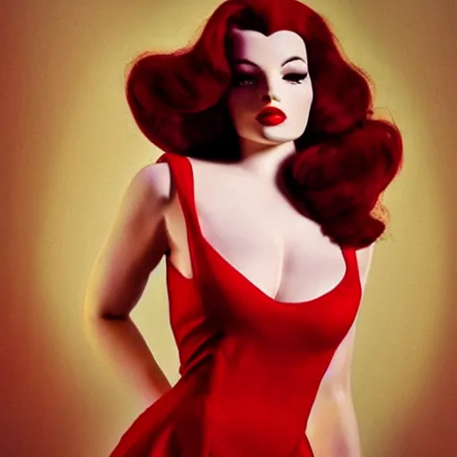 Image similar to modeling photograph full body jessica rabbit in her signature red dress, femme fatale, beautiful, dark, mysterious, detailed flawless face, dramatic darkroom lighting high exposure, head and shoulders 8 0 mm camera