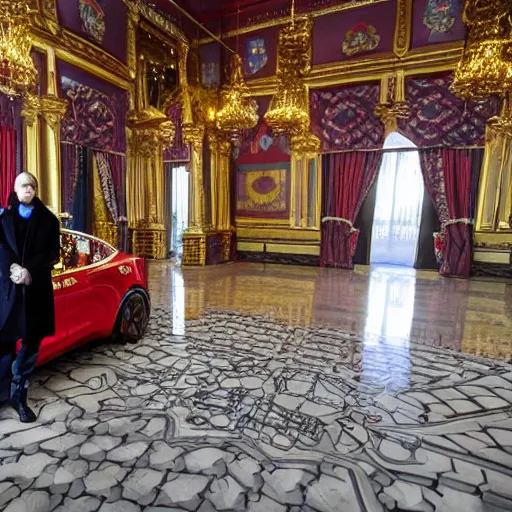 Image similar to Ivan the Terrible in his palace in Moscow testing new Tesla 3, wide angle, high detail, width 768