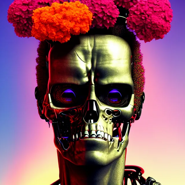 Image similar to portrait of the terminator with a a flower afro made out of various flowers, eating flowers, dramatic cinematic lighting, bold colors, 8 k, beautiful intricate painting, hyper realistic, octane render