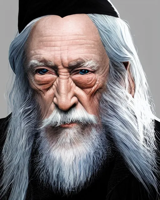 Prompt: portrait of 8 0 - year - old man, with blue eyes, very long silver hair, and very long silver beard, a long crooked nose, dumbledore, wearing in black cloak, hyper realistic face, beautiful eyes, character art, art by mark brooks, hyperdetailed, cryengine, trending on artstation, digital art