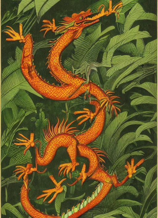 Prompt: vintage chinese dragon in a tropical forest, john james audubon, intaglio 8 k resolution