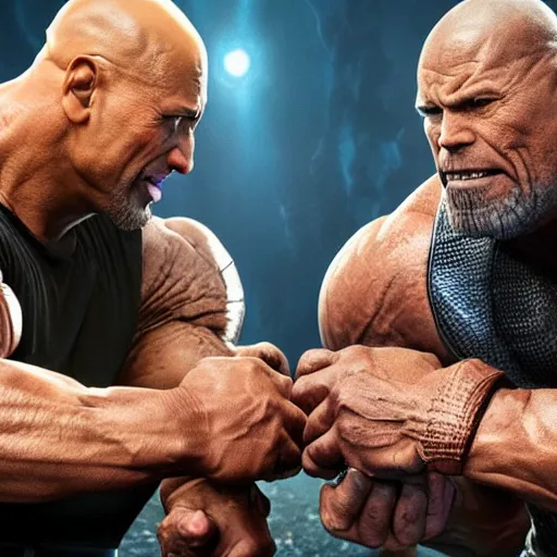 Prompt: Dwayne Johnson and Thanos in an arm wrestling match, Realistic, Hyperrealistic, 4k Resolution, 8k Resolution, Detailed, Very Detailed, Highly Detailed, Dramatic Lighting, Studio Quality Lighting, Dramatic Angle