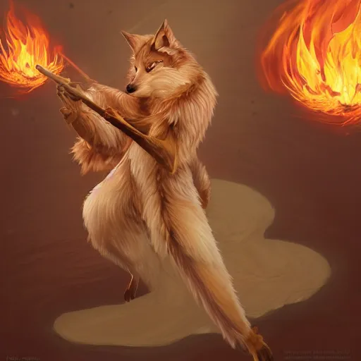 Image similar to male kitsune furry with dark fur, carries a tome, surrounded by floating fire orbs, shortsword, charismatic, young, dark clothing, elegant, digital illustration, detailed, intricate, sharp focus, digital painting, deep focus, digital painting, artstation, concept art, matte, art by artgerm and greg rutkowski and alphonse mucha