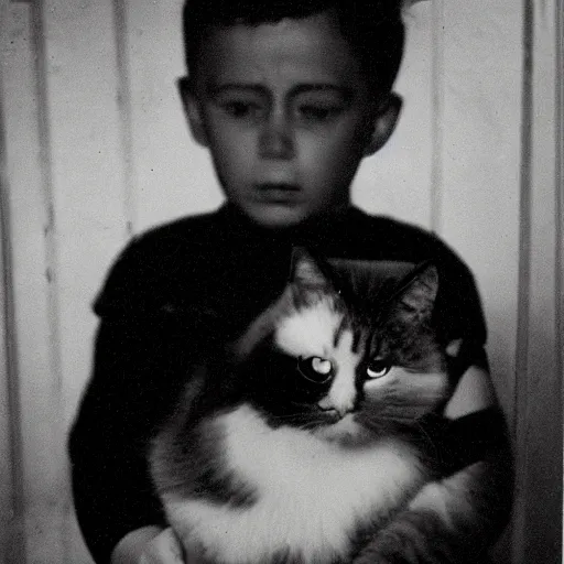 Image similar to a realistic dark photo of a sad child in a shipping box, holding a sad cat. 1 9 5 0 s style