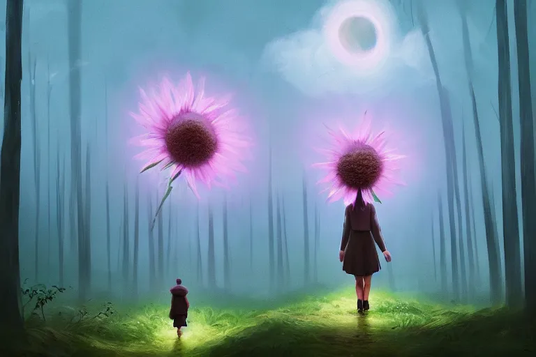 Image similar to giant daisy flower on the head, girl walking in forest, surreal photography, dark night, stars, moon light, impressionist painting, clouds, digital painting, artstation, simon stalenhag