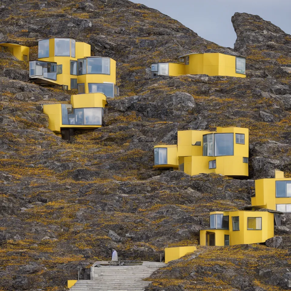 Prompt: a big mid-century modern house on top of a cliff in the arctic, designed by Frank Gehry, with a long gravel pathway towards it. Big tiles. Film grain, cinematic, yellow hue