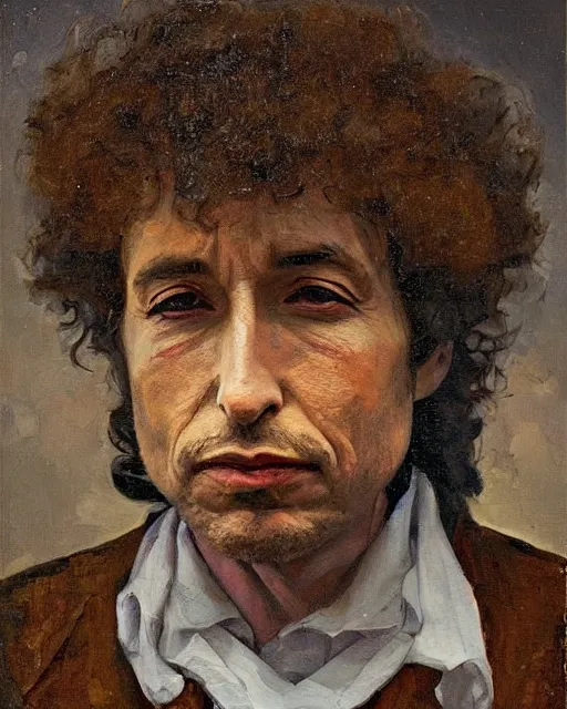 Image similar to painterly portrait, Bob Dylan, impasto, fantasy, chuck close:7, carl spitzweg:7, cinematic light, full face, symmetrical face