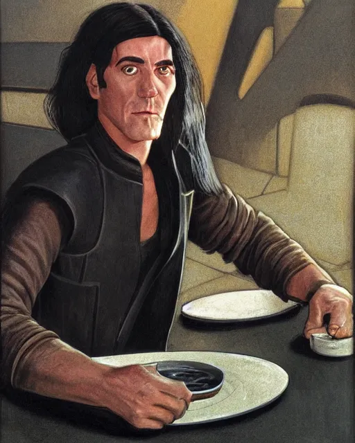 Image similar to rhett sarlin sitting at a table in a cantina on tatooine, long black hair, black leather vest, portrait by ralph mcquarrie