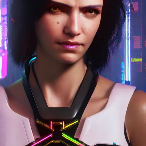 Image similar to headshot of female V from cyberpunk 2077 wearing thick steel choker around neck, 4K, detailed face, collar on neck, realistic, artstation, neon,