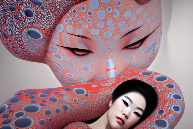 Image similar to hyperrealistic detailed image of a geisha laying in a art installation room, hd smooth interior by yayoi kusama, part by kei mieno, part by alex gray, part by ross tran, part by james jean, ultra realistic, highly detailed, life like face, detailed body, 8 k, octane render, trending on artstation, very cohesive, masterpiece