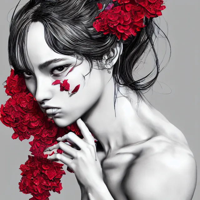 Image similar to studio portrait absurdly beautiful, elegant, graceful, young hypercolorful sensual gravure idol rubies and red petals, ultrafine hyperrealistic detailed face illustration by kim jung gi, irakli nadar, intricate linework, sharp focus, bright colors, matte, octopath traveler, final fantasy, unreal engine highly rendered, global illumination, radiant light, intricate environment