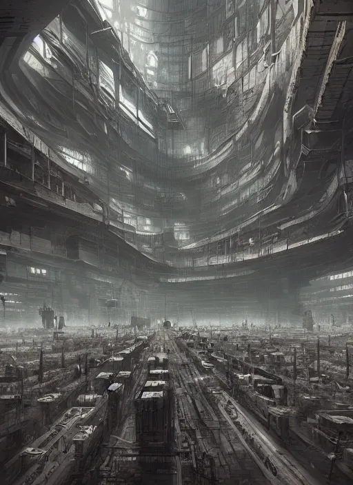 Prompt: a long queue of people standing in a huge underground dystopian factory , hyperdetailed, artstation, cgsociety, 8k
