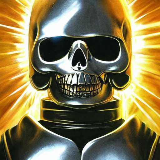 Image similar to high fantasy 1 9 8 0's wargame airbrushed artwork, a giant silver reflective chrome android wearing a mask shaped like an intricately carved beautiful human skull with glowing laser eyes, golden giant battle armor, inside a futuristic army base