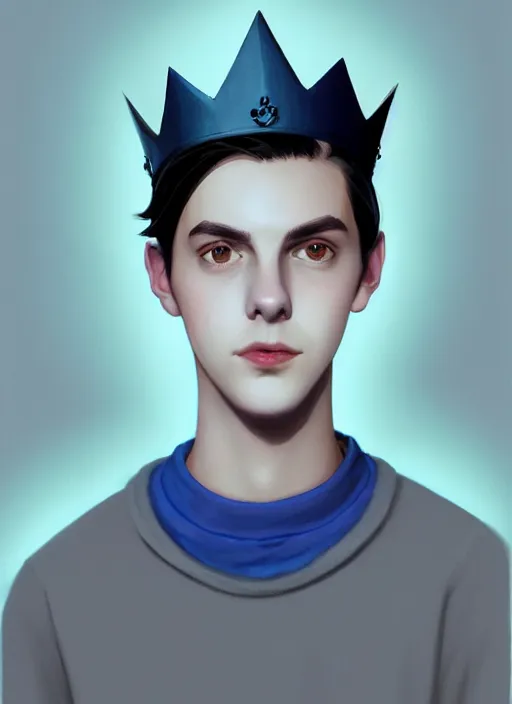 Image similar to portrait of teenage jughead jones wearing a light grey crown, crown, blue turtleneck, closed eyes, photorealistic, black hair, glowing lighting, intricate, elegant, glowing lights, highly detailed, digital painting, artstation, concept art, smooth, sharp focus, illustration, art by wlop, mars ravelo and greg rutkowski