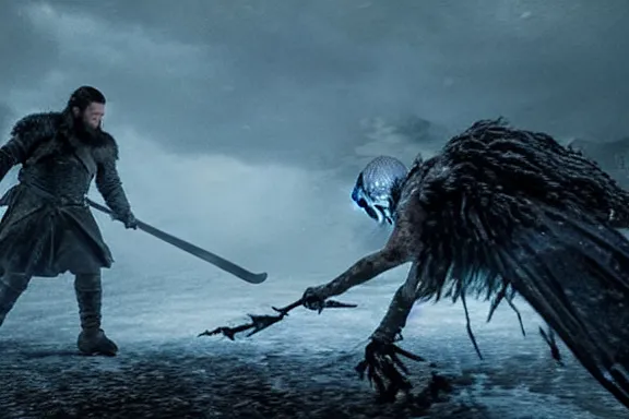 Image similar to very very intricate photorealistic photo of jon snow fighting the night king, photo is in focus with detailed atmospheric lighting, award - winning details