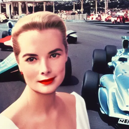 Prompt: selfie smartphone photo of a young Grace Kelly at the Monaco Gran Prix, F1 cars blurred in background, iphone photo, smartphone resolution, trending on instagram, influencer photography