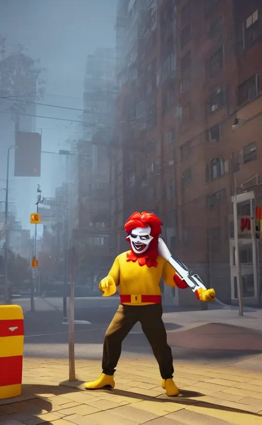 Image similar to ronald mcdonald robbing a bank holding a gun. he has taken hostages. high quality. unreal engine, embers flying, hyper realism, realistic shading, cinematic composition, blender render, octane render, ultrawide shot, photorealistic. hq. hd. 4 k. award winning. trending on artstation