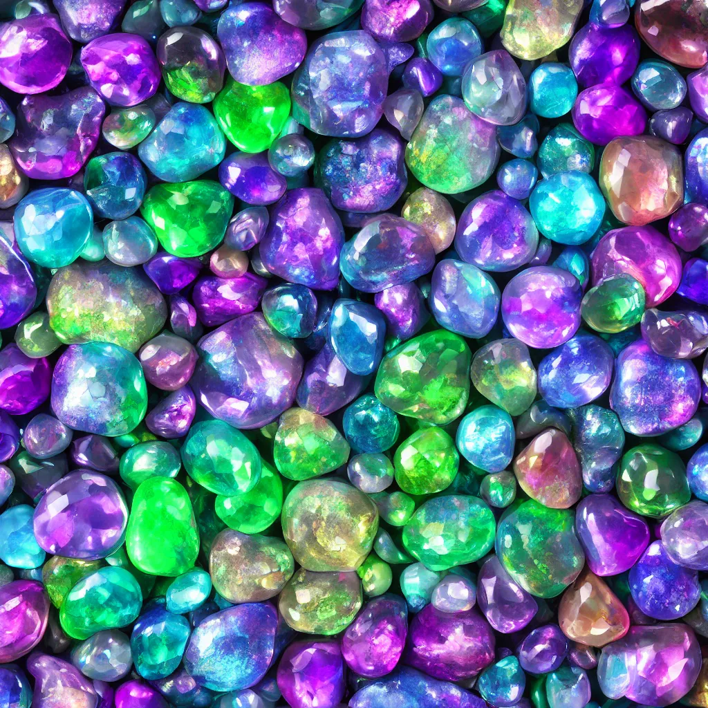 Prompt: high quality 4 k texture of glossy iridescent gem stones, sparkly, 3 d octane render, blender design assets, 3 d, photo - realistic, high poly, 3 0 0 dpi, 8 k render, ue marketplace, unreal engine 5, volumetric lighting, realistic shadows,