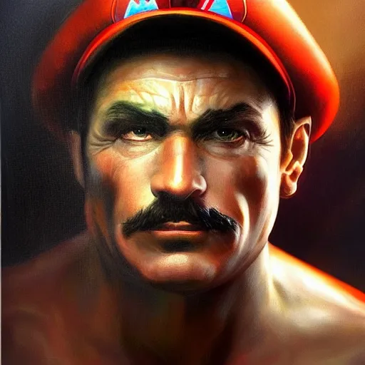 Image similar to An ultra realistic portrait painting of Mario in the style of Frank Frazetta, 4k, Ultrarealistic, Highly Detailed, Dark Fantasy, Epic Lighting