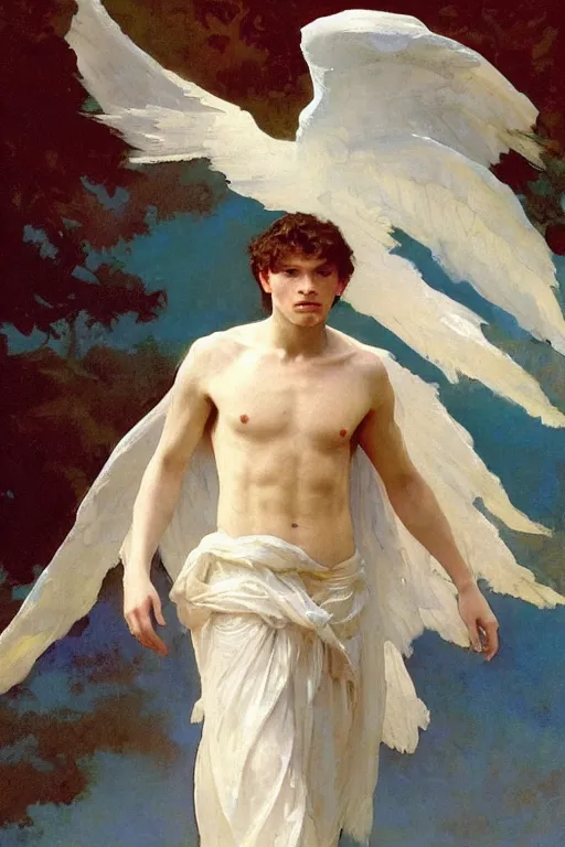 Prompt: elegant romantic portrait photo of tom holland as an angel by greg manchess, mucha, william adolphe bouguereau, john singer sargent, sorolla, winslow homer, dean cornwell, james gurney, kilin eng, ilya repin, armor