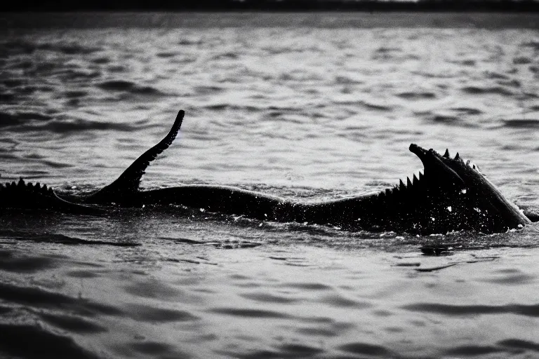 Image similar to a real life sea monster swimming in a lake, sight proof, black and white, blurry, old camera, grainy, motion blur, low focus, full body shot, wide angle