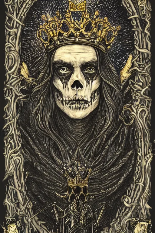 Prompt: Portrait of the Prince of Entropy wearing a crown, high fantasy, black paper, dark atmosphere, skulls, detailed, cinematic, ornate, tarot card, highly detailed, ink illustration, golden ratio, 8k,