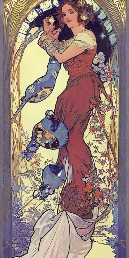 Image similar to a woman wearing outer space as a dress and pouring water from a vase into the milky way, by joe madura, by alphonse mucha, battle chasers.