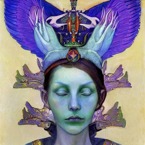 Prompt: the bone crown, the crown of wings, by Annie Swynnerton and Nicholas Roerich and Diego Rivera, bioluminescent skin, tattoos, elaborate costume, geometric ornament, symbolist, cool colors like blue and green and violet, smooth, sharp focus, extremely detailed