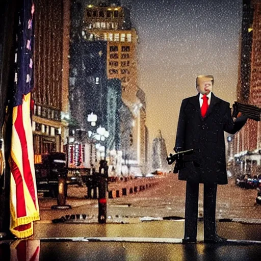 Prompt: “Very photorealistic photo of Donald Trump standing in the middle of Fifth Avenue with a gun, atmospheric lighting, award-winning details”