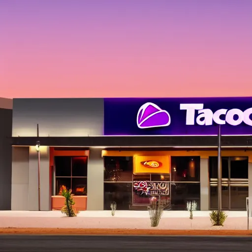 Prompt: cinematic fill still of a Taco Bell in the desert, Sigma 500mm f/5 shot from a far at night