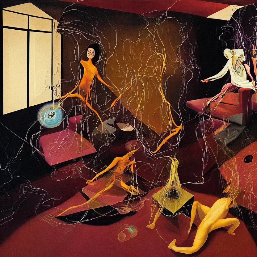 Prompt: One man and one woman attached by love in a living room of a house, floating dark energy surrounds the middle of the room. There is one living room plant to the side of the room, surrounded by a background of dark cyber mystic alchemical transmutation heavenless realm, cover artwork by francis bacon and Jenny seville, by Remedios Varo and Anato Finnstark and Greg Rutkowski and Andy Warhol, dayglo pink, dayglo blue, prismatic, pearlescent white, raven black, hyperrealism, 8k, trending on ArtStation, rendered in Octane, rendered in Unreal engine, award winning, volumetric lighting