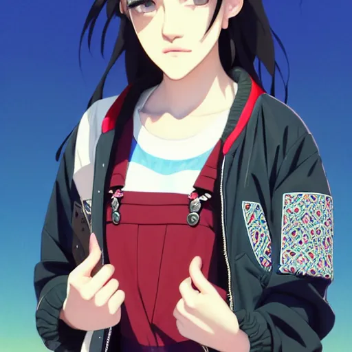 Image similar to a beautiful boyish kat dennings alluring gravure model, wearing oversized mayan bomber jacket and leotard with overalls, bulky poofy aztec native style bomber jacket with mayan patterns, gapmoe yandere grimdark, trending on pixiv fanbox, painted by greg rutkowski makoto shinkai takashi takeuchi studio ghibli, akihiko yoshida